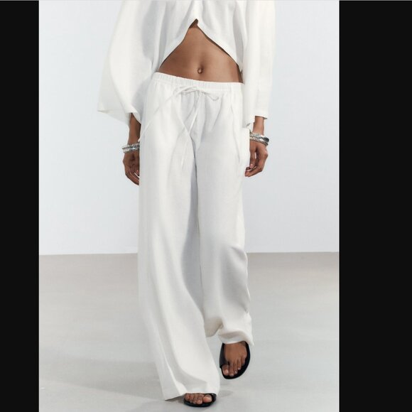 NWT ZARA LINEN PALAZZO PANTS OYSTER-WHITE - Picture 2 of 6